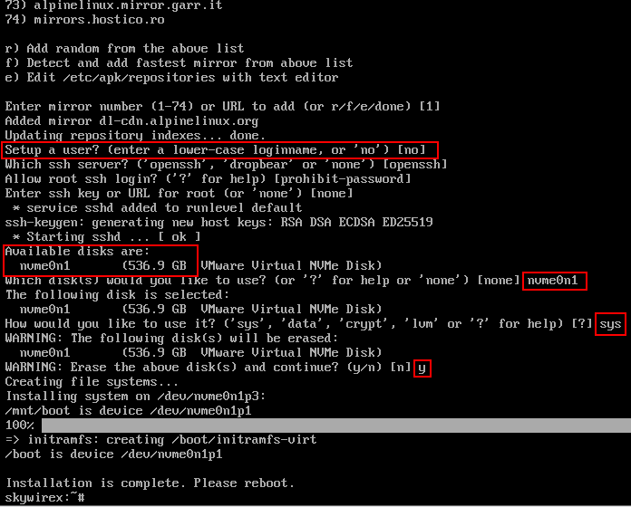 Cài đặt Alpine với ổ cứng NVMe trong VMware