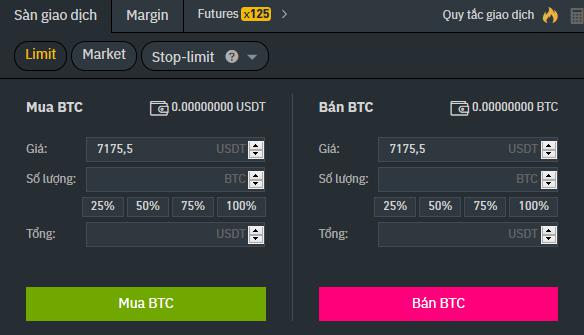 Hộp thoại mua bán ở Binance