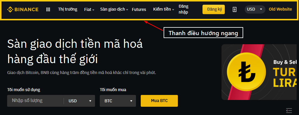Thanh điều hướng ngang ở Binance